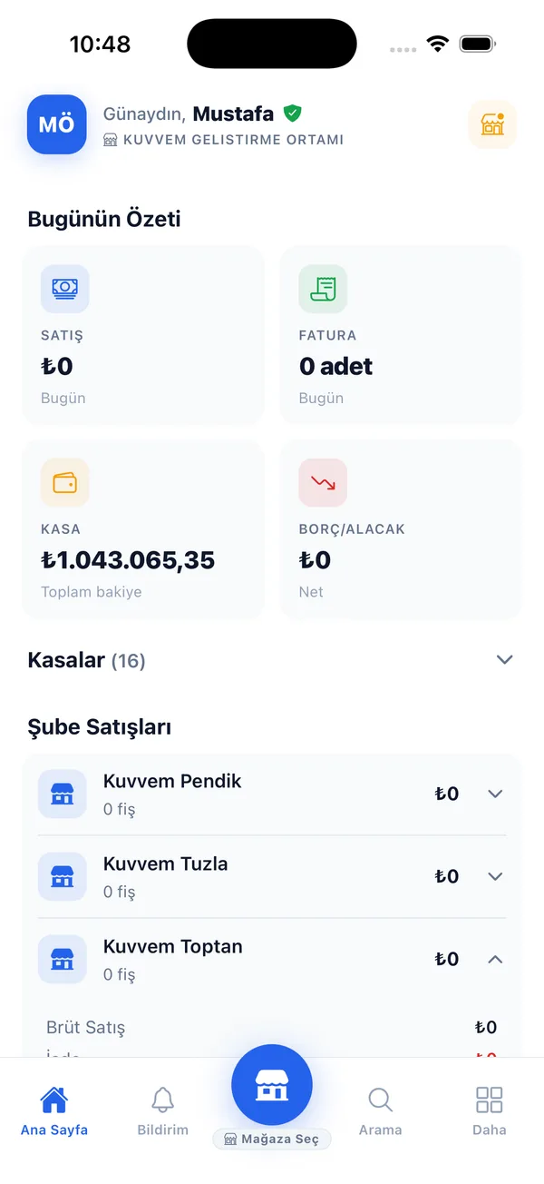 KuvvemERP mobil dashboard: günlük satış ve grafik özeti